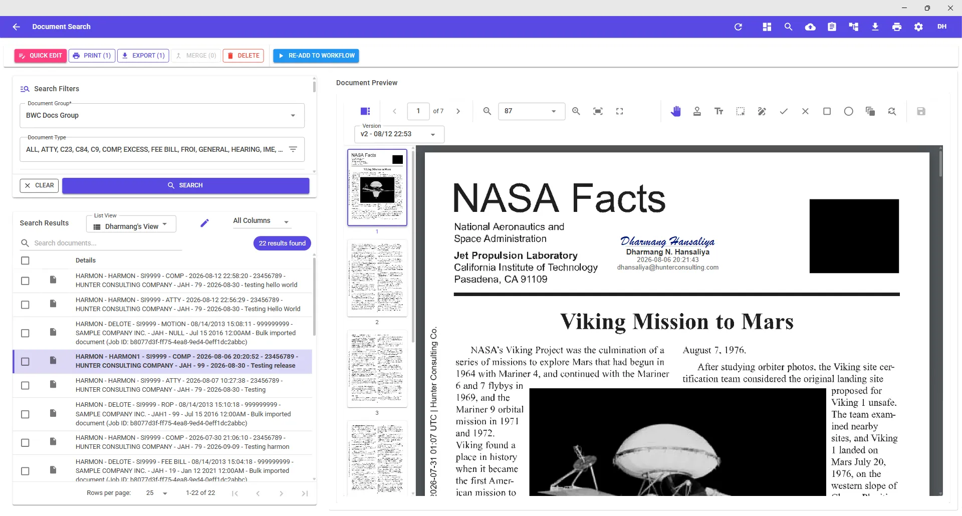 DocuPro document search with results and document preview