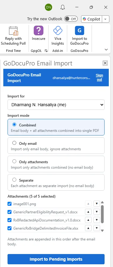 DocuPro Outlook add-in panel in Outlook