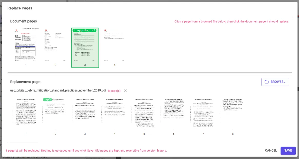 Replacing a page in an existing document from an external document